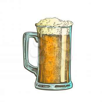 Hand Drawn Mug With Froth Bubble Beer Drink Vector. Full Mug With Handle And Alcoholic Fresh Cold Brewery Liquid Light Ale. Closeup Color Template Cartoon Illustration