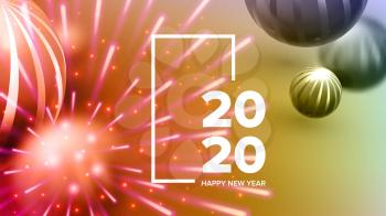 Beautiful Invitation Card Celebrating 2020 Vector. Realistic Bright Fireworks, Sphere And White 2020 Two Thousand Twenty Frame Invite On Party. Stylish Colorful Horizontal Postcard 3d Illustration