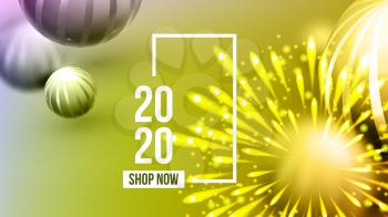 Creative Invitation Card Celebrating 2020 Vector. Realistic Yellow Golden Air Water Bubble Bulb And Number 2020 Two Thousand Twenty And Fireworks On Greeting-card. Horizontal Poster 3d Illustration