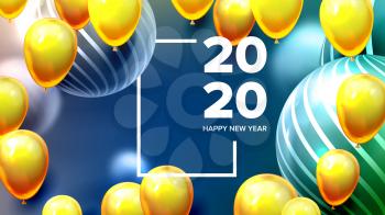 Bright Invite Card Happy New Year Banner Vector. Greeting-card Decorated Yellow Air Balloons And Golden Foil Celebration Dark Background. Horizontal Postcard 3d Illustration