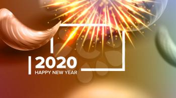 Creative Annonce Banner Celebrating 2020 Vector. Realistic Striped Christmas-tree Decoration Toy, Number 2020 Two Thousand Twenty And Fireworks On New Year Card. Horizontal Poster 3d Illustration