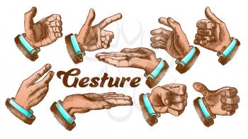 Collection of Different Gesture Set Vintage Vector. Man Hand Gesture Looks Like Holding Water Glass or Bottle, Cigarette Or Balloon, Gun Or Stick. Opening Door Or Show Pointing Color Illustrations