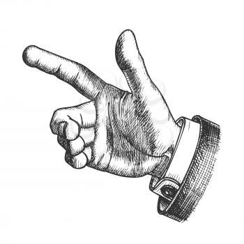 Male Hand Make Gesture Forefinger Vintage Vector. Man Showing Gesture Sign Looks Like Holding Gun and Ready For Shoot Or Push Button. Middle Annulary And Pinkie Finger. Gesturing Signal Illustration