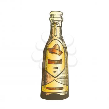 Traditional Mexican Tequila Drink Bottle Vector. Glass Bottle With Blank Label And Designed Sombrero For Classical Alcohol Drink Produced In Mexico. Vodka Made From Cactus Color Illustration