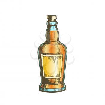Hand Drawn Whisky Bottle With Blank Label Vector. Ink Design Sketch Vintage Bottle Of Alcoholic Froth Irish Drink. Concept Package With Blank Label Template Illustration