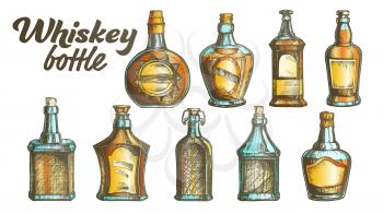 Collection Of Scotch Whisky Bottle Set Vector. Different Hand Drawn Stylish Modern And Vintage Bottle of Traditional England Grain Alcoholic Drink. Color Mockup Design Illustrations
