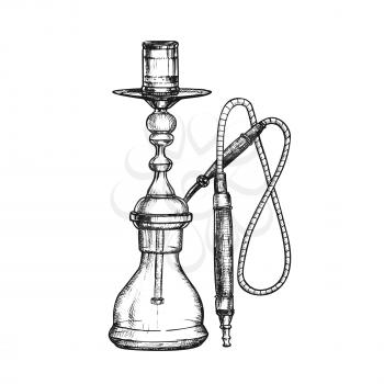 Hookah Lounge Cafe Equipment Hand Drawn Vector. Single Stemmed Hookah Whose Vapor Or Smoke Is Passed Through Water Basin Often Glass Based Inhalation. Monochrome Designed In Retro Style Illustration