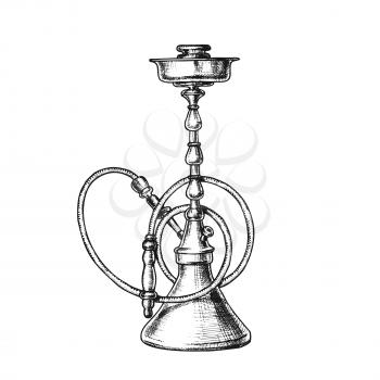 Smoking Hookah Lounge Cafe Tool Vintage Vector. Silicone Rubber Compounds Used For Hookah Hoses Instead Of Leather And Wire. Relaxation Accessory Monochrome Designed In Retro Style Illustration