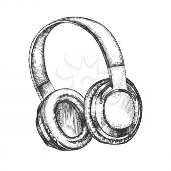 Music Lover Device Wireless Headphones Vector. Portable Technology Gadget Headphones For Listening Melody. Relaxation Earphone Listener Accessory Hand Drawn In Vintage Style Illustration