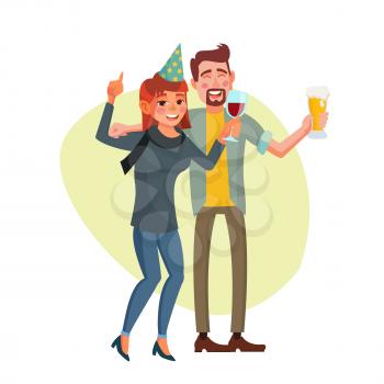 Corporate Party Vector. Smiling Drunk Man And Woman. Relaxing Celebrating Concept. Party At Restaurant Or Office. People Dancing, Having fun. Isolated Illustration