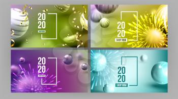 Creative Invitation Card Celebrating 2020 . Realistic Yellow Golden Air Water Bubble Bulb And Number 2020 Two Thousand Twenty And Fireworks On Greeting-card. Horizontal Poster 3d Illustration