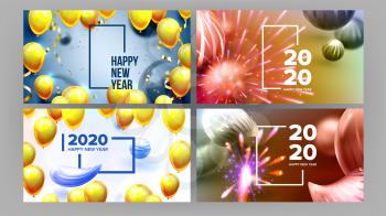 Beautiful Invitation Card Celebrating 2020 . Realistic Bright Fireworks, Sphere And White 2020 Two Thousand Twenty Frame Invite On Party. Stylish Colorful Horizontal Postcard 3d Illustration