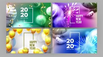Celebrating Happy New Year Invite Banner Vector. Colorful Glossy Drops, Balls, Shapes And Words With Frame Decorated Fireworks On New Year Greeting-card Annonce. Horizontal Poster 3d Illustration