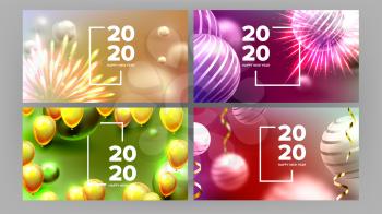 Celebrating Happy New Year Invite Banner Vector. Colorful Glossy Water Drops And Black Words With Frame Decorated Fireworks On New Year Greeting-card Annonce. Horizontal Poster 3d Illustration