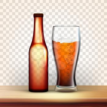 Realistic Bottle And Glass With Bubble Beer Vector. Mockup Of Brown Bottle With Metallic Cap On Top And Blank Label Near Foamy Drink In Goblet Isolated On Transparency Grid Background. 3d Illustration