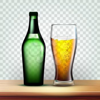Realistic Bottle And Goblet With Foamy Beer Vector. Mockup Of Green Bottle With Blank Label Near Alcohol Lager Drink In Glass On Wooden Table Isolated On Transparency Grid Background. 3d Illustration