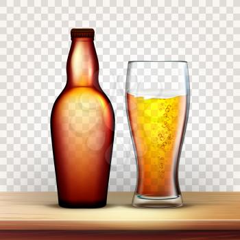 Bottle Of Beer And Glass With Frothy Drink Vector. Realistic Blank Brown Closed Flask And Bubble Light Beer On Wooden Shelf Image Isolated On Transparency Grid Background. 3d Illustration