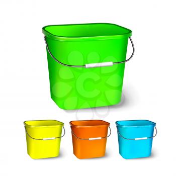 Square Plastic Bucket Vector. Bucketful Different Colors. Classic Jar With Handle, Empty. Garden, Household, Office Equipment. Package. Realistic Illustration