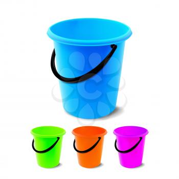 Plastic Bucket Vector. Bucketful Different Colors. Classic Jar With Handle, Empty. Garden, Household, Office Equipment. Realistic Illustration