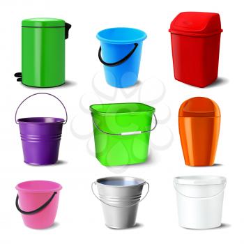Bucket Set Vector. Bucketful Different Types. Classic Jar With Handle, Tin, Bitbucket Plastic And Metal Pail Empty. Garden, Household, Office Equipment. Realistic Illustration
