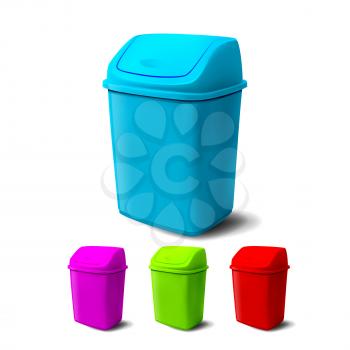Plastic Bucket Vector. Bucketful Different Colors. Classic Jar Empty. Office, Restroom Equipment For Paper Trash. Realistic Illustration
