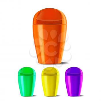 Plastic Bucket Vector. Bucketful Different Colors. Classic Jar Empty. Container. Office, Restroom Equipment For Paper Trash. Realistic Illustration