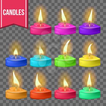 Candles Set Vector. Heart Form. Wax Design. Romantic Object. Holiday Celebration. Transparent Background. Realistic Illustration