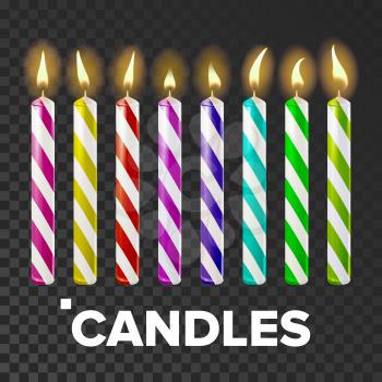 Candles Set Vector. Cake. Fire Light. Lit Wick. Glow Cake. Transparent Background Realistic Illustration