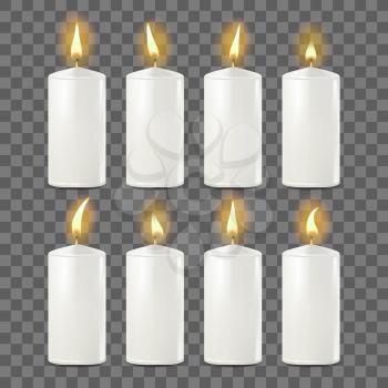 Candles Set Vector. White. Religion, Church Prayer. Transparent Background Realistic Illustration