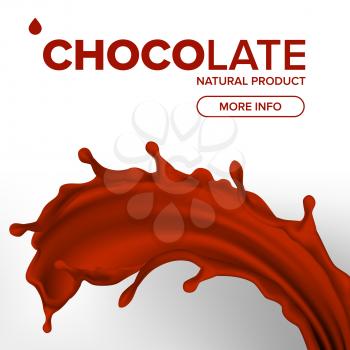 Chocolate Splash Vector. Cream, Liquid. Milk Swirl. Brown Background. Beverage Dessert Food. 3D Realistic Illustration