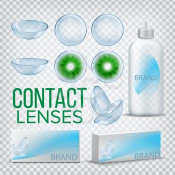 Contact Lenses Branding Design Mockup Vector. Myopia Care. Eye Lens. Medical Product. Soft Optical Glass. Healthy Vision. Package. Shop Sale Promotion. 3D Illustration