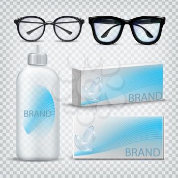 Optical Glasses And Contact Lenses Set Vector. Medical Ophthalmology Optical Equipment And Spectacles For Healthy Correct Vision. Blank Design Label Bottle And Package 3d Illustration