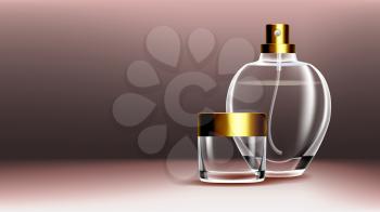 Cosmetic Glass Banner Vector. Premium Jar. Medical Moisturizer. Luxury, Fashion. Bottle. Jar. 3D Transparent Realistic Mockup Template Illustration