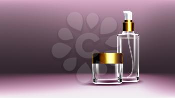 Cosmetic Glass Ads Vector. Bottle. Jar. Facial Lotion. Spa, Makeup. 3D Transparent Realistic Mockup Template Illustration
