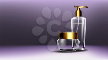 Cosmetic Glass Poster Vector. Bottle. Jar. Soft Spray. Perfume, Essence. 3D Transparent Realistic Mockup Template Illustration