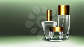 Cosmetic Glass Product Vector. Fragrance, Collagen. Spa, Makeup. Bottle. Jar 3D Transparent Realistic Mockup Template Illustration