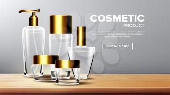 Cosmetic Glass Product Vector. Medical Moisturizer. Luxury, Fashion. Bottle. Jar. 3D Transparent Realistic Mockup Template Illustration
