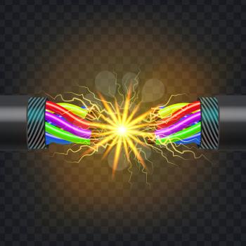 Break Electric Cable Vector. Cable Break Disconnect. 3D Realistic Isolated Illustration