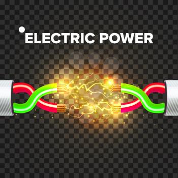 Electric Break Cable Vector. Electrical Circuit. Industrial Network Power. Glowing Lightning. 3D Realistic Isolated Illustration
