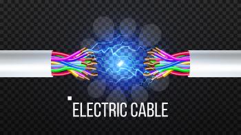 Break Electric Cable Vector. Electric Arc Power. Electricity Energy. 3D Realistic Isolated Illustration
