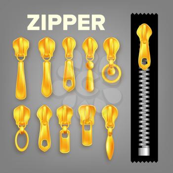 Set Of Golden Metal And Plastic Zipper Vector. Realistic Zippers And Pullers. Modern Stylish Element Apparel And Accessory. Detail Decoration Of Clothing. Isolated 3d Illustration