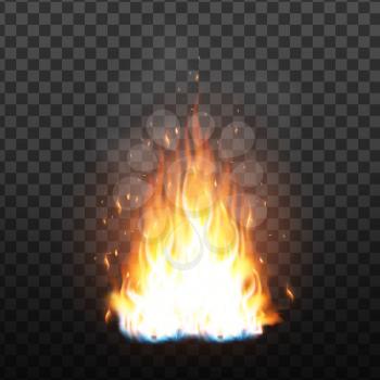 Realistic Campfire Flame With Sparks Effect Vector. Bright Campfire With Sparks And Smoke Effect. Fiery Heat Brush Colorful Animation Image On Transparency Grid Background. 3d Illustration