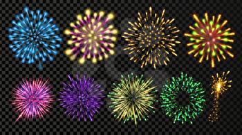 Fireworks Set Vector. Festive Carnival Night Sky. Bursting Sparkling Star Petard Light Effect. Holiday Anniversary Salute Burst. Isolated On Transparent Background Illustration