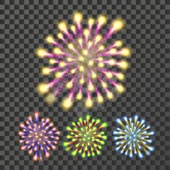 Firework Vector. Festive Carnival Night Sky. Isolated On Transparent Background Realistic Illustration