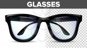 Man Male Glasses Vector. Black Classic Eyewear Glasses. Vision Optical Lens. 3D Realistic Illustration