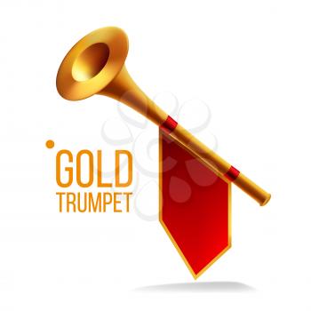 Gold Trumpet Vector. Fanfare Horn. Musical Herald Object. Loud Instrument. Realistic Illustration