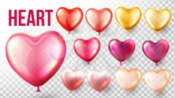 Heart Balloon Set Vector. Red And Gold. Flying Valentine Balloon In Heart Shape. Air Romantic Icon. Transparent 3D Illustration