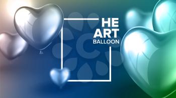 Invitation Postcard For Surprise Party Vector. Postcard Decorated By Realistic Glossy Blue And Green Flying Helium Balloon In Shape Of Heart For Rejoice On Anniversary Birthday Party. 3d Illustration