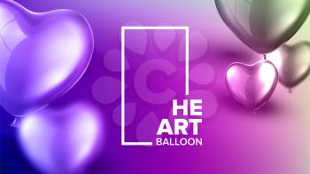 Colorful Nifty And Zooty Carnival Banner Vector. Closeup Realistic Glossy Blue And Purple Helium Flying Balloons In Shape Of Heart And Vertical Frame On Stylish Banner. 3d Illustration