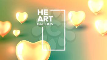 Nifty Invitation Postcard For Carnival Vector. Realistic Glossy Yellow Golden Bubbles In Form Of Heart With White Vertical Frame For Card Of Carnival Celebration. Fashion Banner 3d Illustration